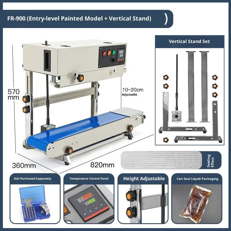 FR-900 automatic continuous sealing machine with entry-level paint rack design, 110V US power, dimensions L820mm x W385mm x H310mm