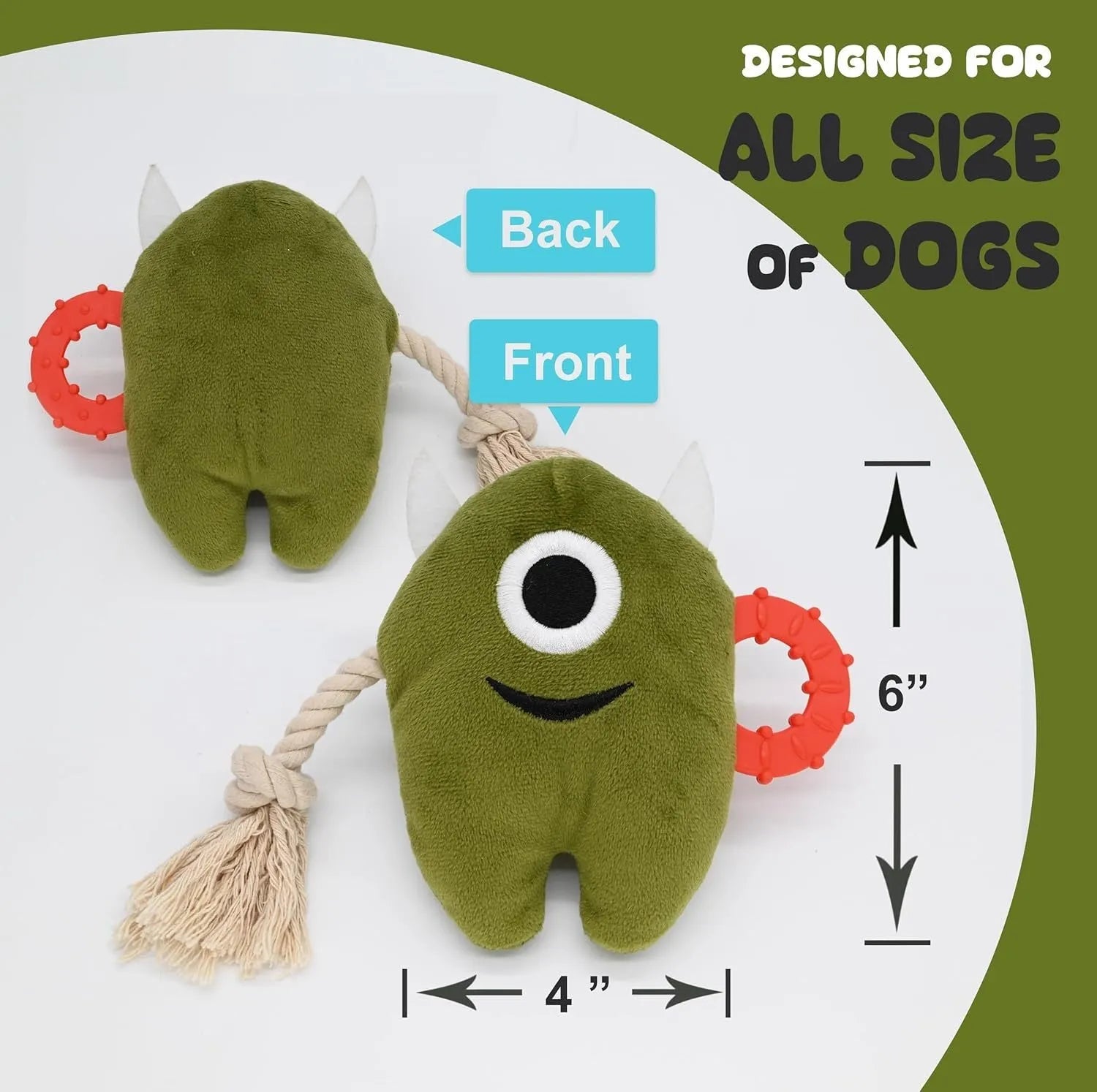 Blue and green plush dog chew toy with integrated cotton rope and squeaker.