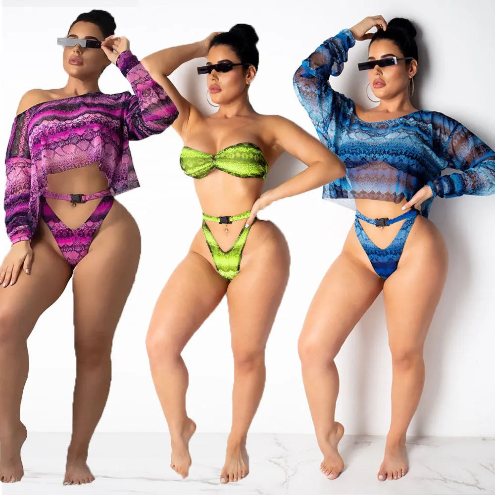 Women's snakeskin print bikini three-piece set with long sleeves in blue, green or purple