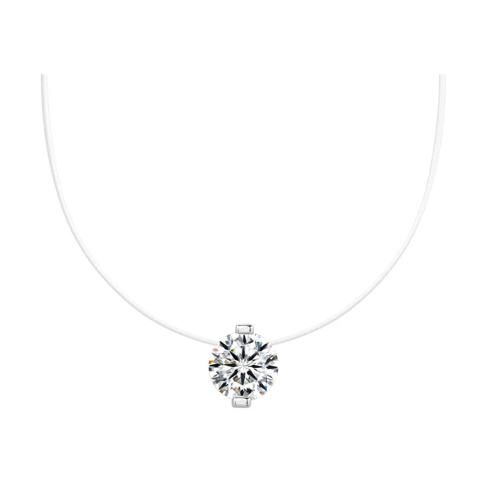 Close-up of a women's sterling silver necklace with a floating moissanite pendant and plum blossom detail.