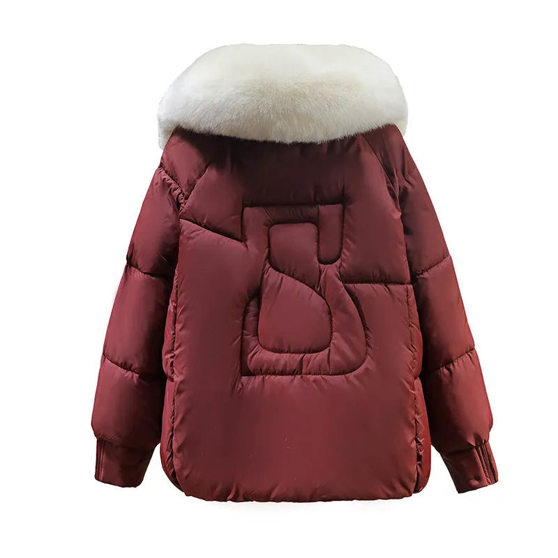 Big fur collar thick warm Korean style light luxury trendy coat in beige with removable fur collar and pockets