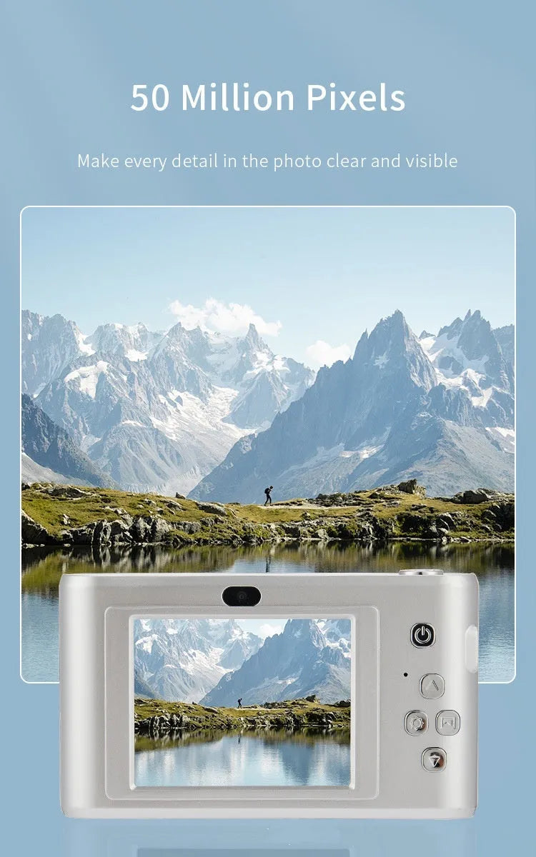 Retro digital selfie camera with 48 million pixels and 4K, ABS body, available in black, silver, ivory white, or pink.