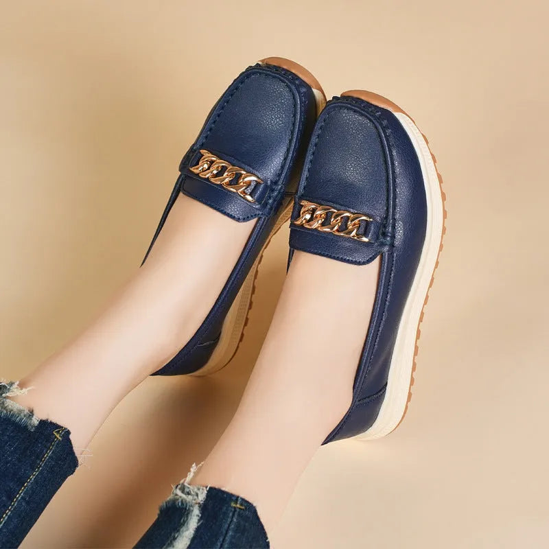 Women's casual round toe solid colour PU leather loafer in beige, black, cameo brown, and sapphire blue