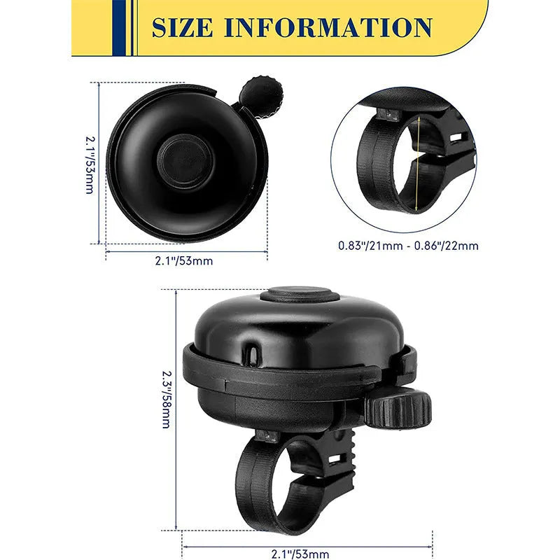 Black bicycle bell with 58mm diameter and thumb-operated mechanism for handlebar mounting