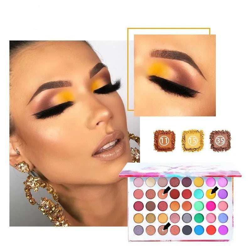 Shimmer matte multi-colour eye shadow palette with ten shades including purple, blue, black, sky blue, caramel, watermelon red, cameo brown, and peacock blue