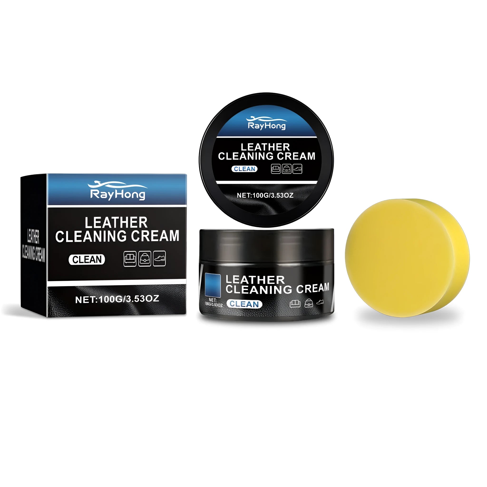 100g leather cleaning cream tub with sponge applicator on a wooden surface