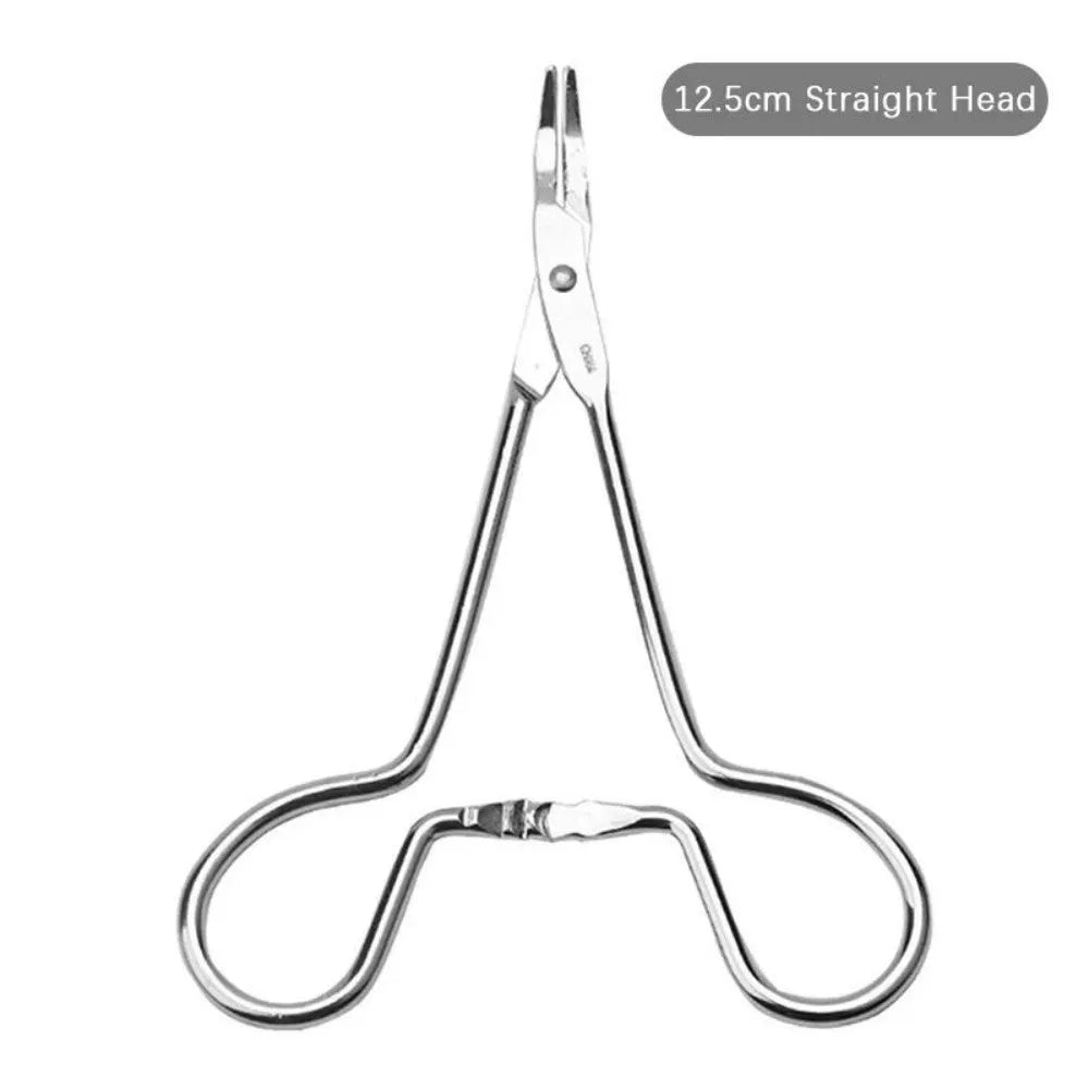 Silver stainless steel pet grooming tweezers with curved tip for ear cleaning and hair removal
