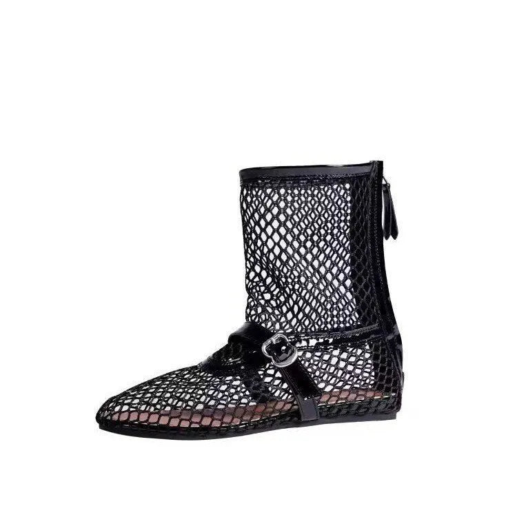 Black high top ballet shoes with metal buckle and back zipper, PU upper and rubber sole
