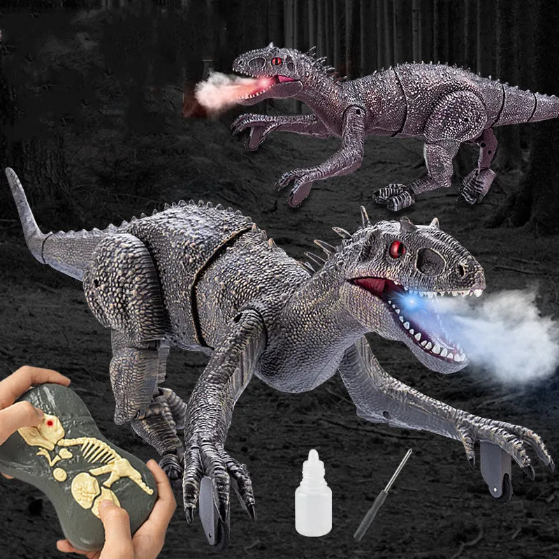 Simulated dinosaur model toy in grey with remote control, 3D eyeballs, and body swing features