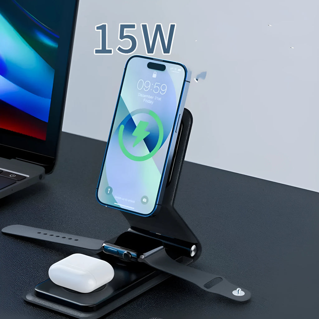 3-in-1 folding wireless charger in black with Type-C input, 25W output power, and multiple device charging