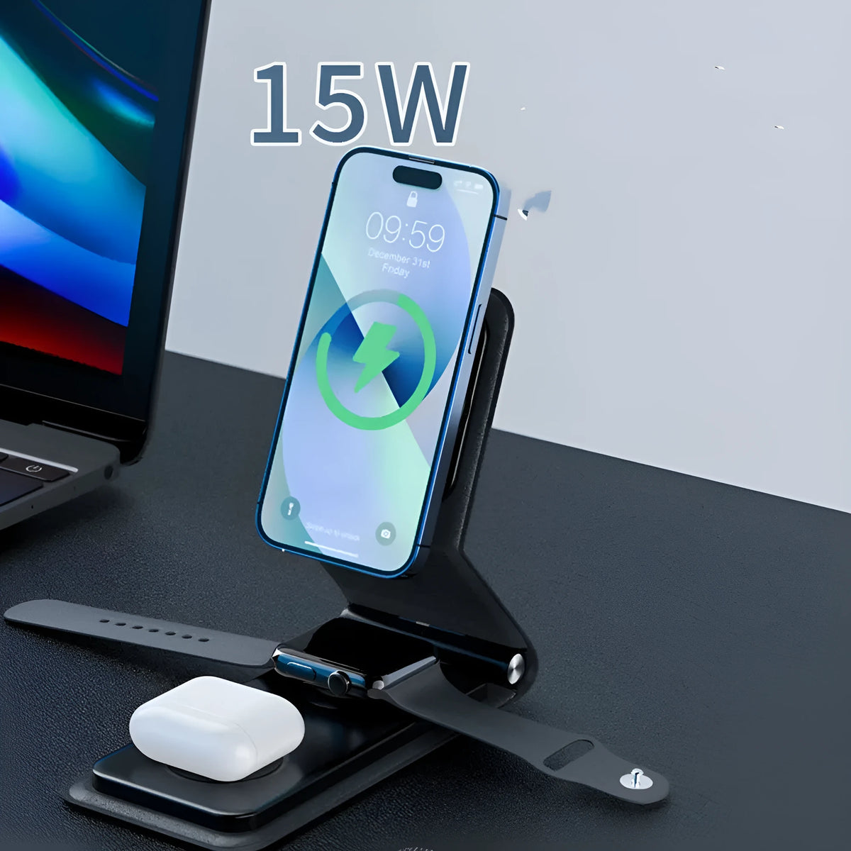 3-in-1 folding wireless charger in black with Type-C input, 25W output power, and multiple device charging