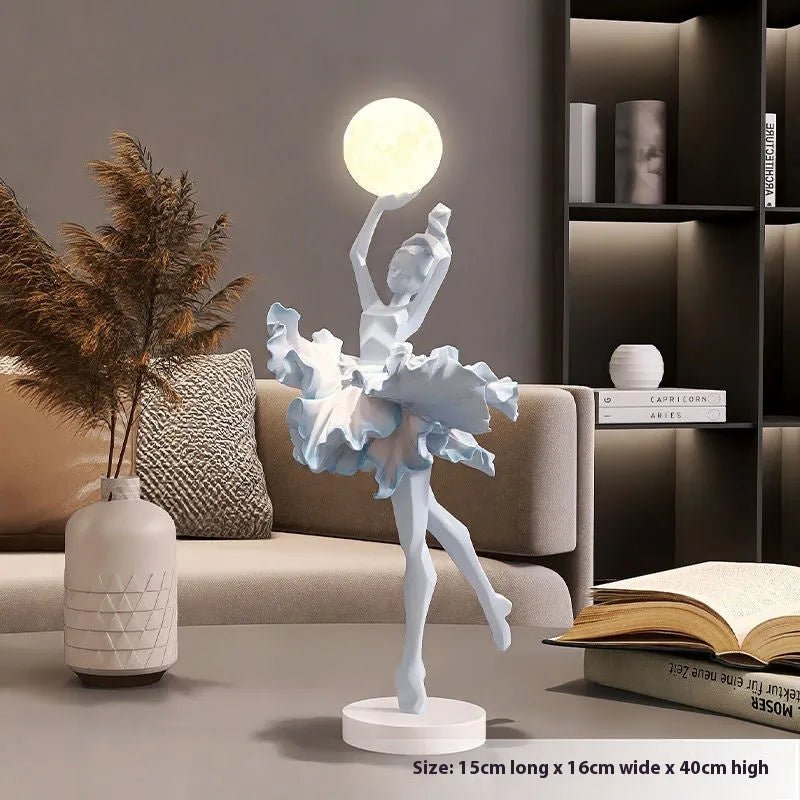 Small modern night lamp ornament in resin showing colour options: black gold, white, pink, and light blue.