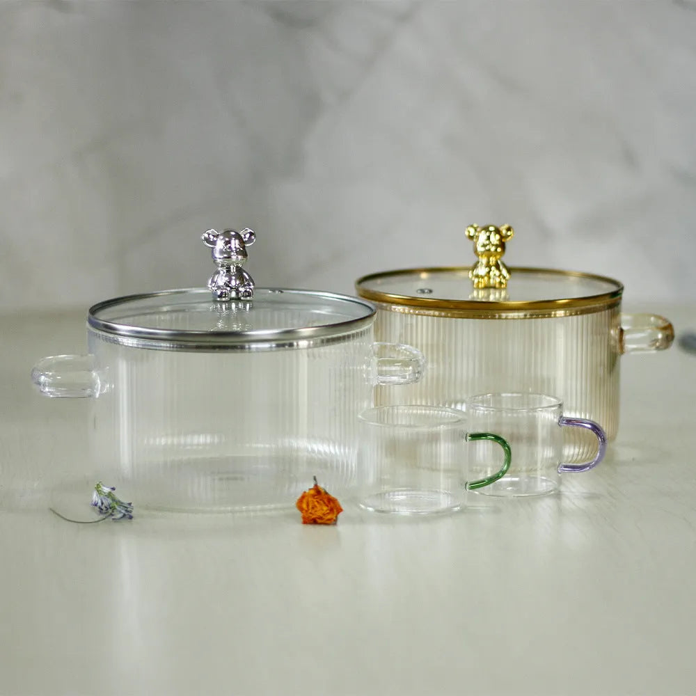 Transparent borosilicate glass milk pot with double ears and glass lid, 1600ml non-stick hot pot