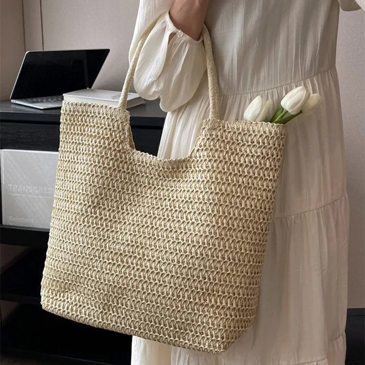 Women's large capacity straw bag in beige with double shoulder straps, 41cm wide 39cm high 12cm thick