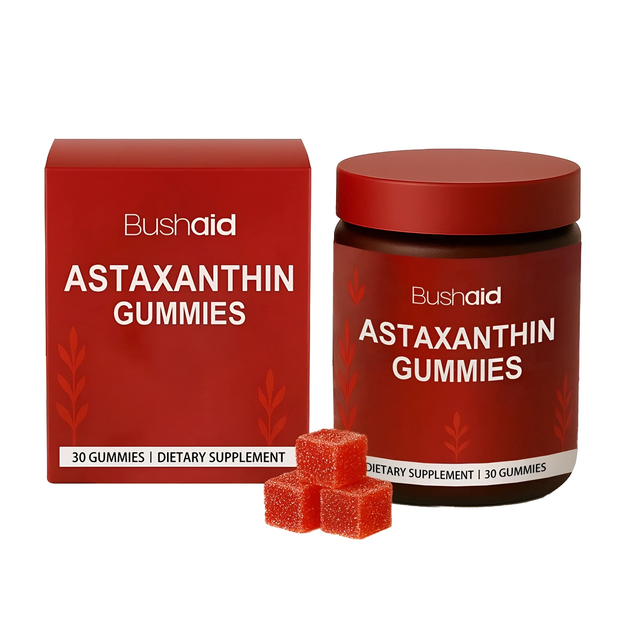 A pack of 30 soft astaxanthin supplement gummies containing Vitamin C and Zinc.