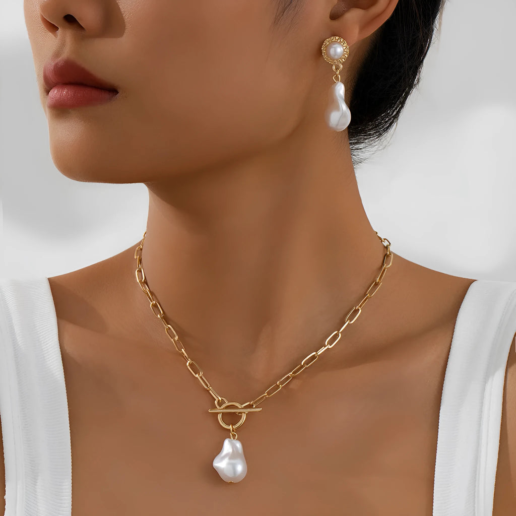 Gold tone retro baroque pearl necklace and matching earrings jewellery set for women
