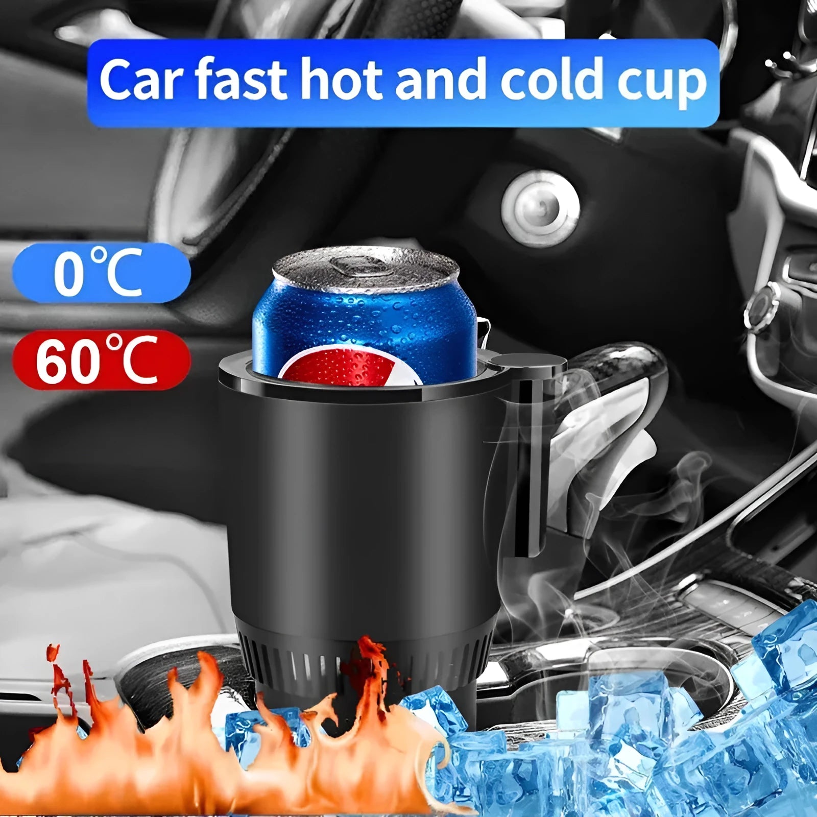 Black 2-in-1 car cup holder with digital temperature display showing heating and cooling functions for vehicle use