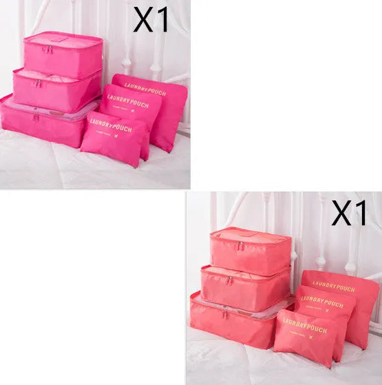 6 PCS travel storage bag set in polyester with handbag shape, multiple colour options for clothes and cosmetic organisation