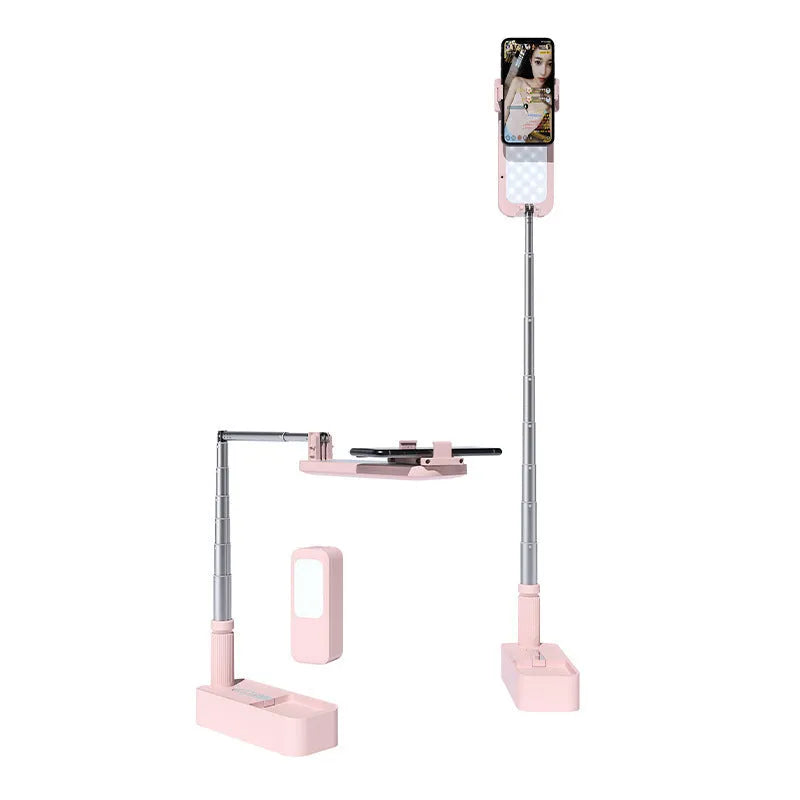 Foldable floor standing mobile phone fill light bracket with LED light source and remote control