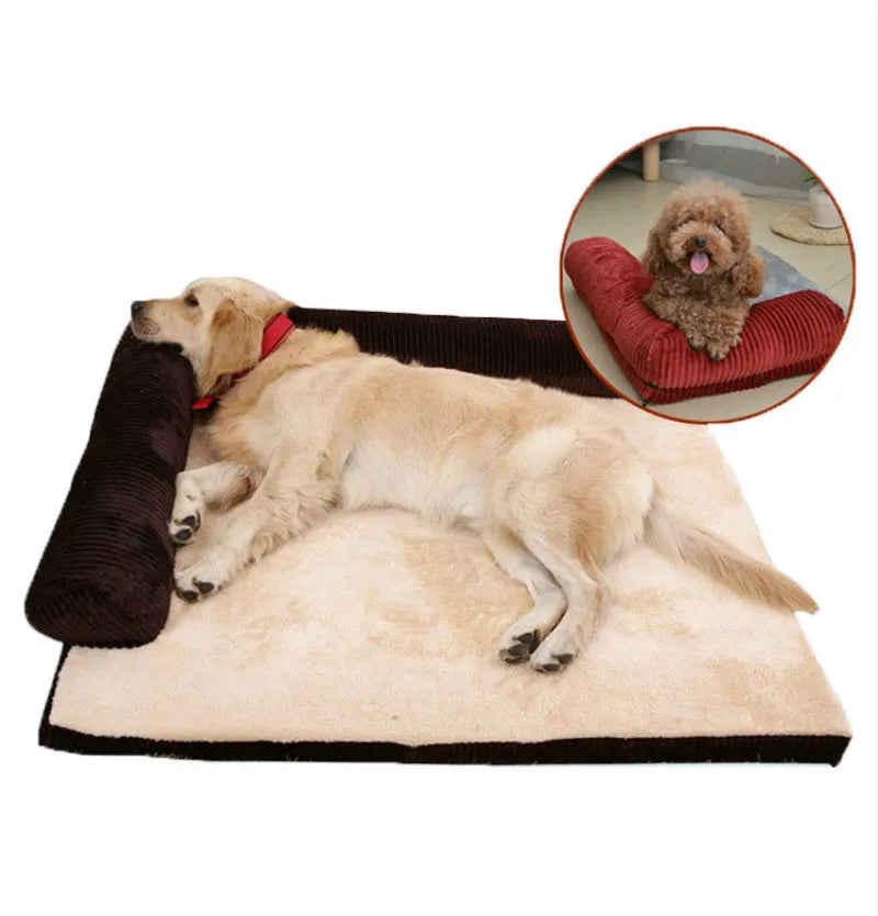 A corduroy dog sofa bed with raised sides in a grey colour, shown on a wooden floor.