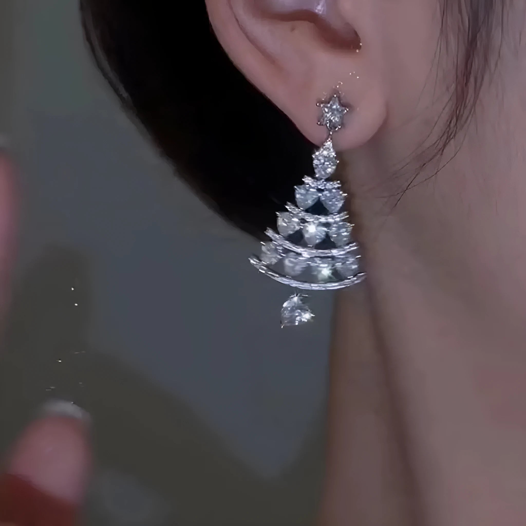 Women's silver needle Christmas tree earrings in geometric shape with bell motif, available in gold or silver