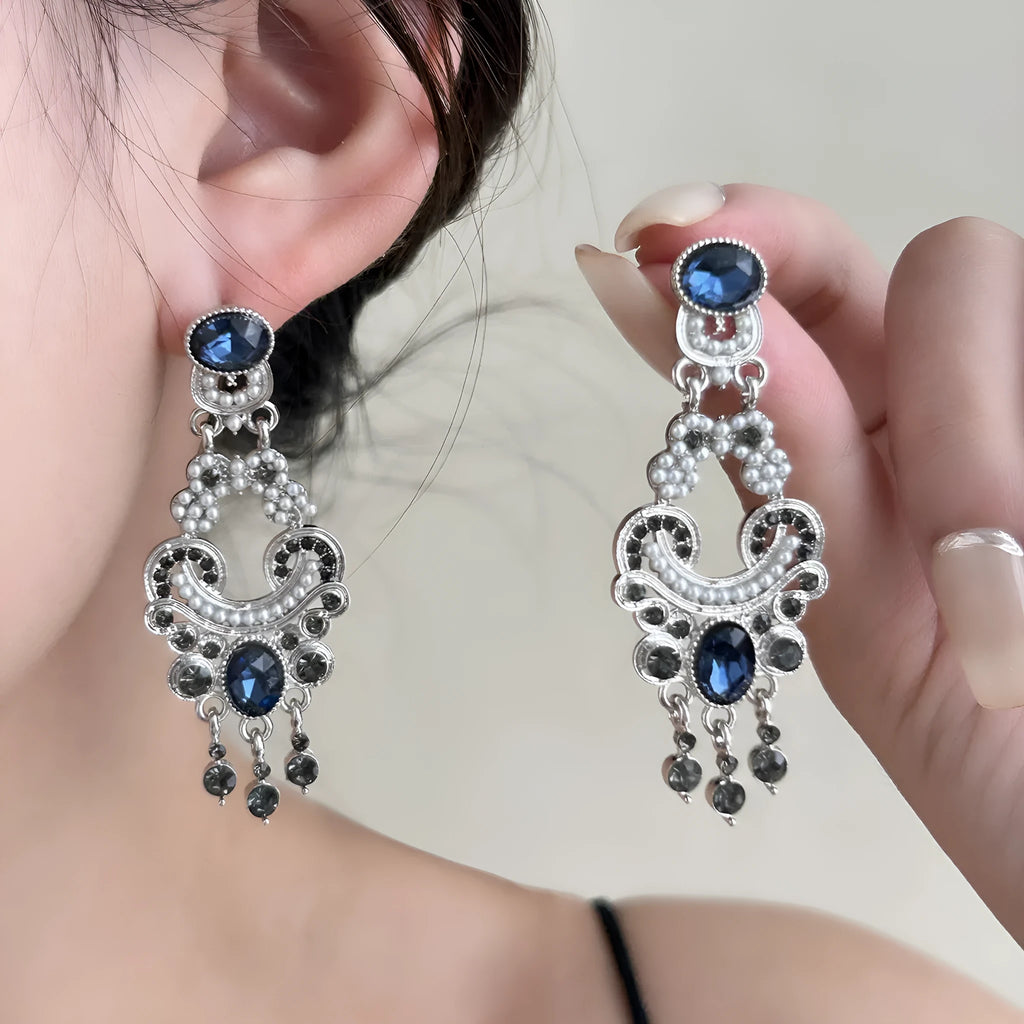 Pair of geometric retro earrings with chamfered square cubic zirconia in atmospheric blue, electroplated zinc alloy setting
