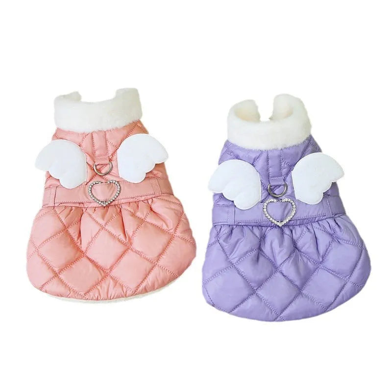 Small dog wearing pink polyester skirt with cotton-thickened ruffles and elastic waistband