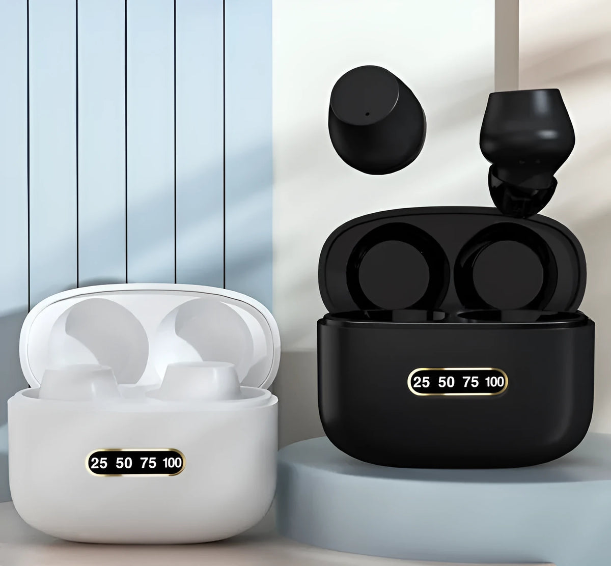 M8 Bluetooth earbuds with charging case, touch control, Black Pink White, 10mm dual drivers, 250mAh case.