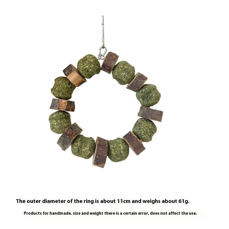 Hamster chew toy with two straw ball rings - one colourful sequin design, one natural applewood