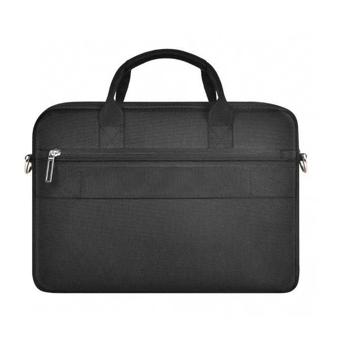 Black oxford cloth laptop handbag with multiple pockets and a separate computer compartment, shown in 14-inch and 15.6-inch sizes.