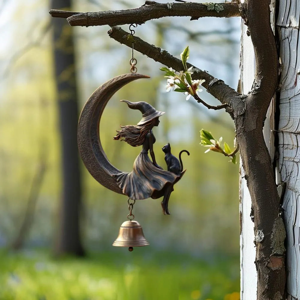 Witch moon and black cat bell pendant hanging ornament with suspension loop for courtyard decoration