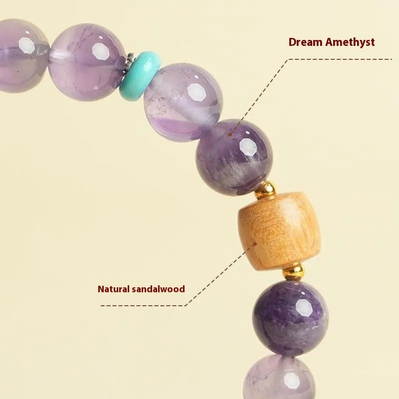 Close-up of a handmade purple amethyst crystal bracelet for women, showing smooth round beads.