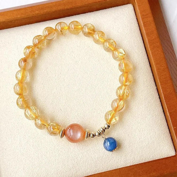 Natural gold rutilated quartz sunstone crystal bracelet with diamond-shaped beads for women