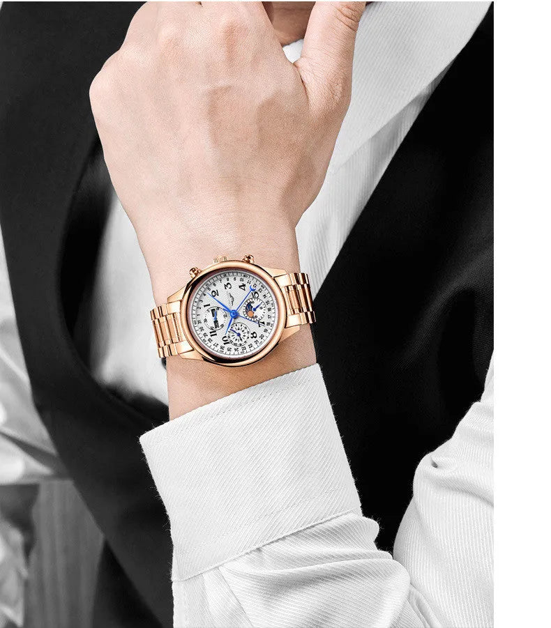 Men's black dial perpetual calendar mechanical watch with leather strap showing moon phase display