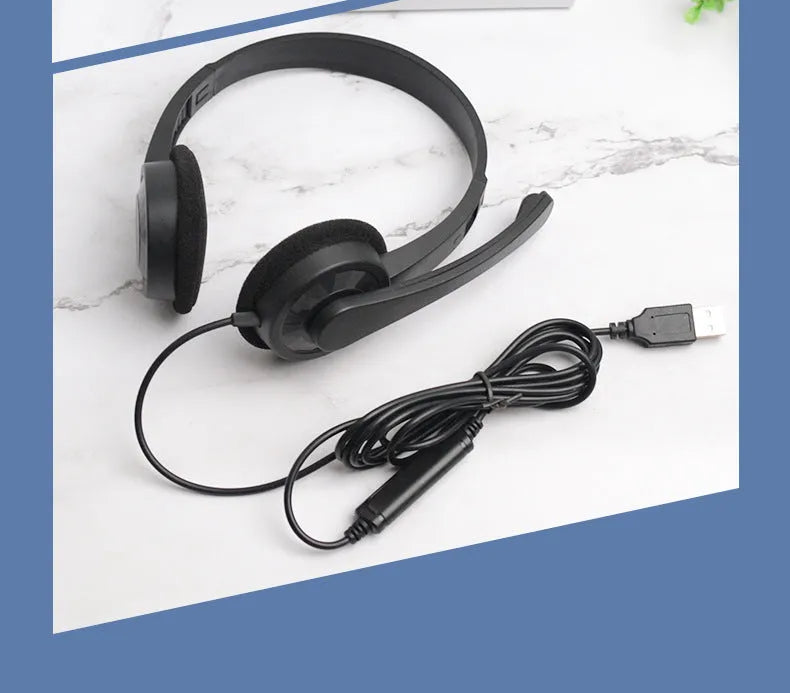 Black USB wired gaming headset with microphone, sponge ear pads and PVC cable for PC computer use