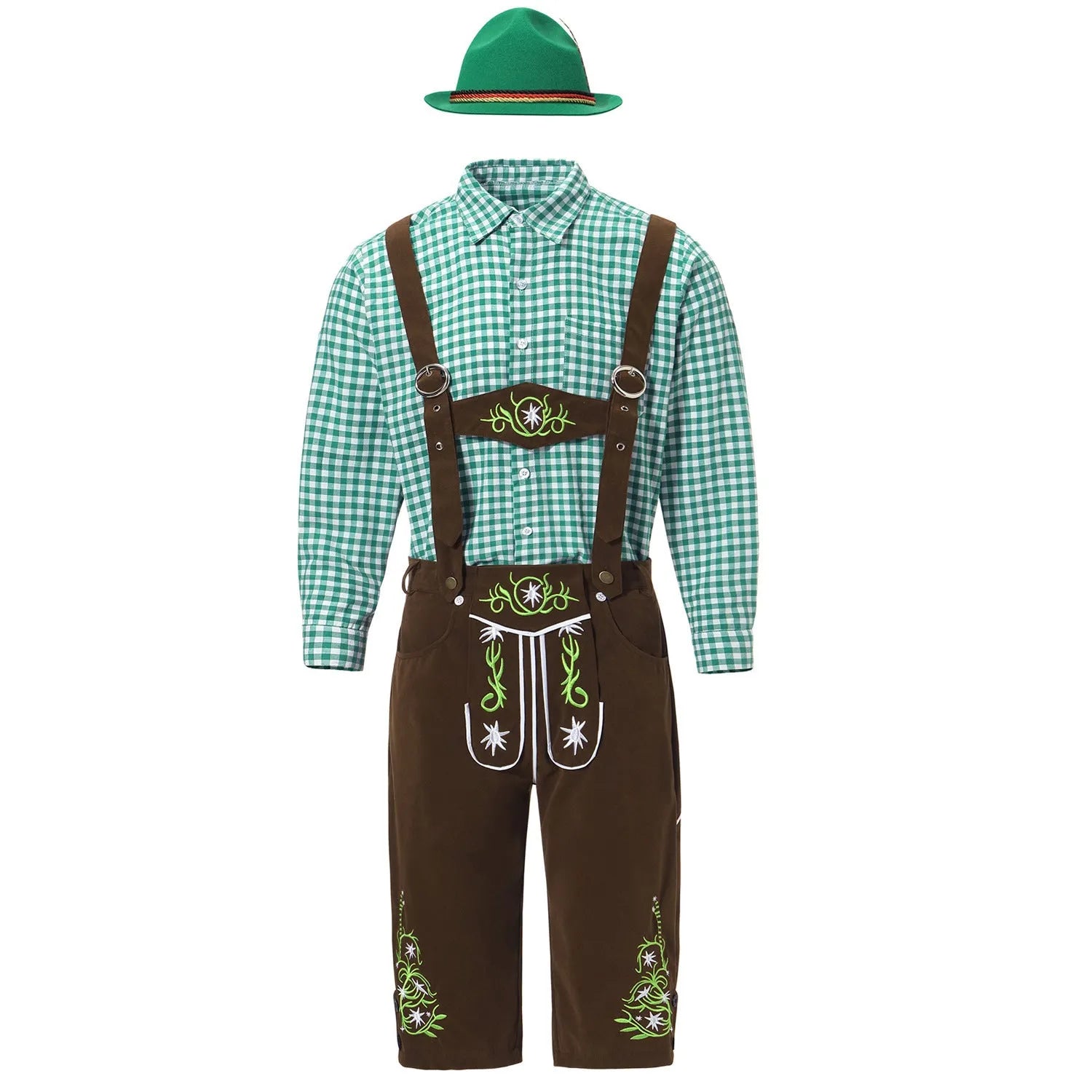 Men's plaid suspenders suit set in black with hat, top, camisole, and pants, polyester fabric, embroidery details