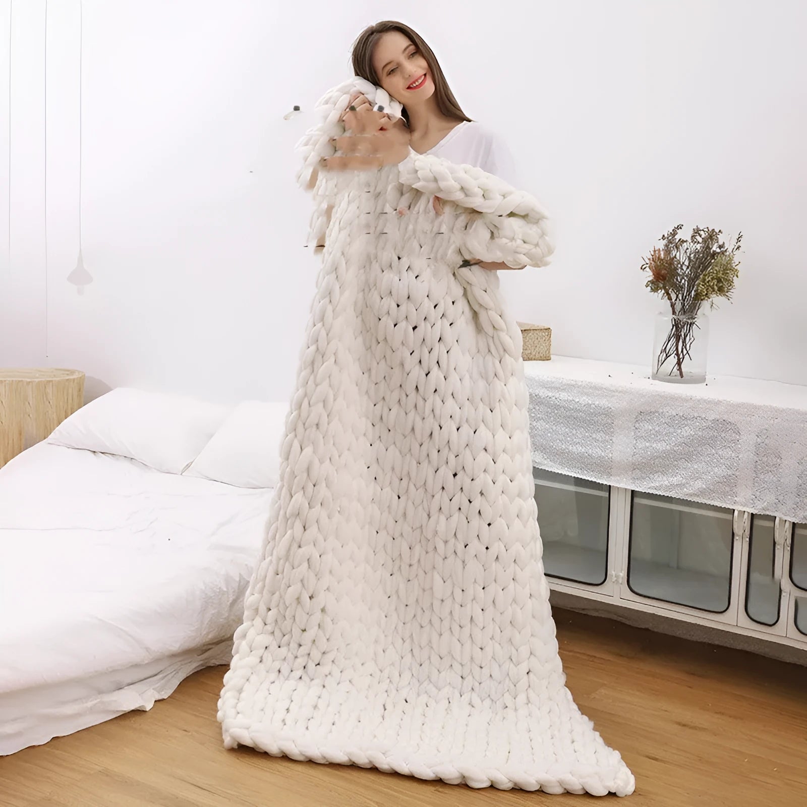 Solid white wool chenille blanket 100x200cm 6cm thick hand-woven Nordic throw