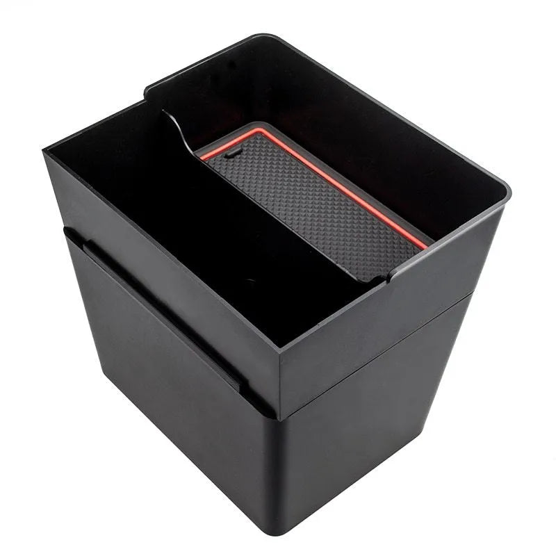 Tesla Model 3Y double-layer car trash can storage box black with red edge non-slip mat