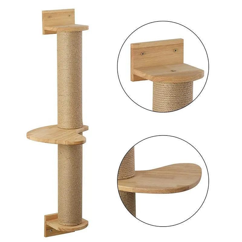 Wall-mounted wooden cat jumping platform with flax cordage scratching post