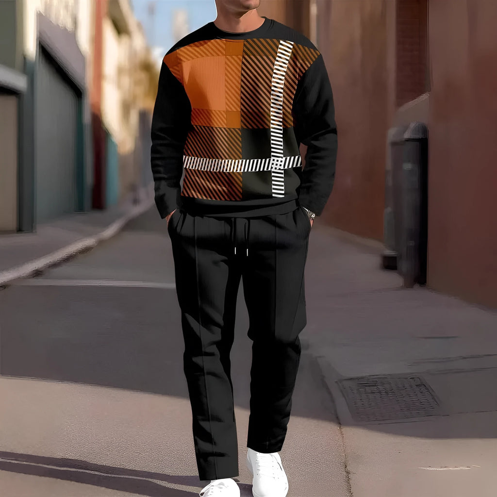 Men's casual sporty round neck sweatshirt and pants two-piece set in polyester blend, long sleeves, long pants, multiple colours