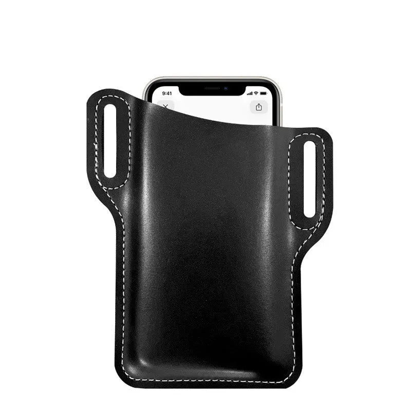 Men's PU square vertical belt waist bag for outdoor mobile phone carry in black colour