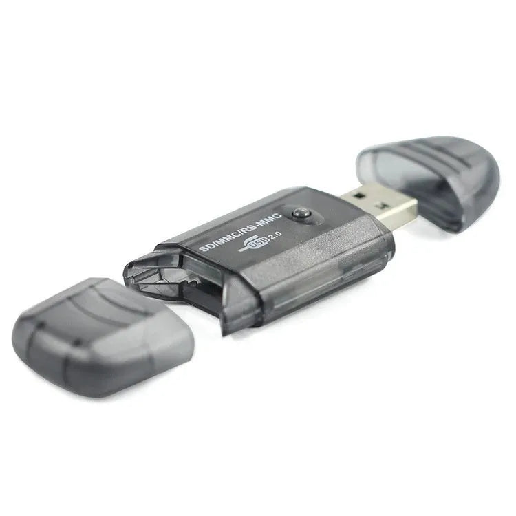 Transparent plastic USB card reader with optional LED light showing SD card slots