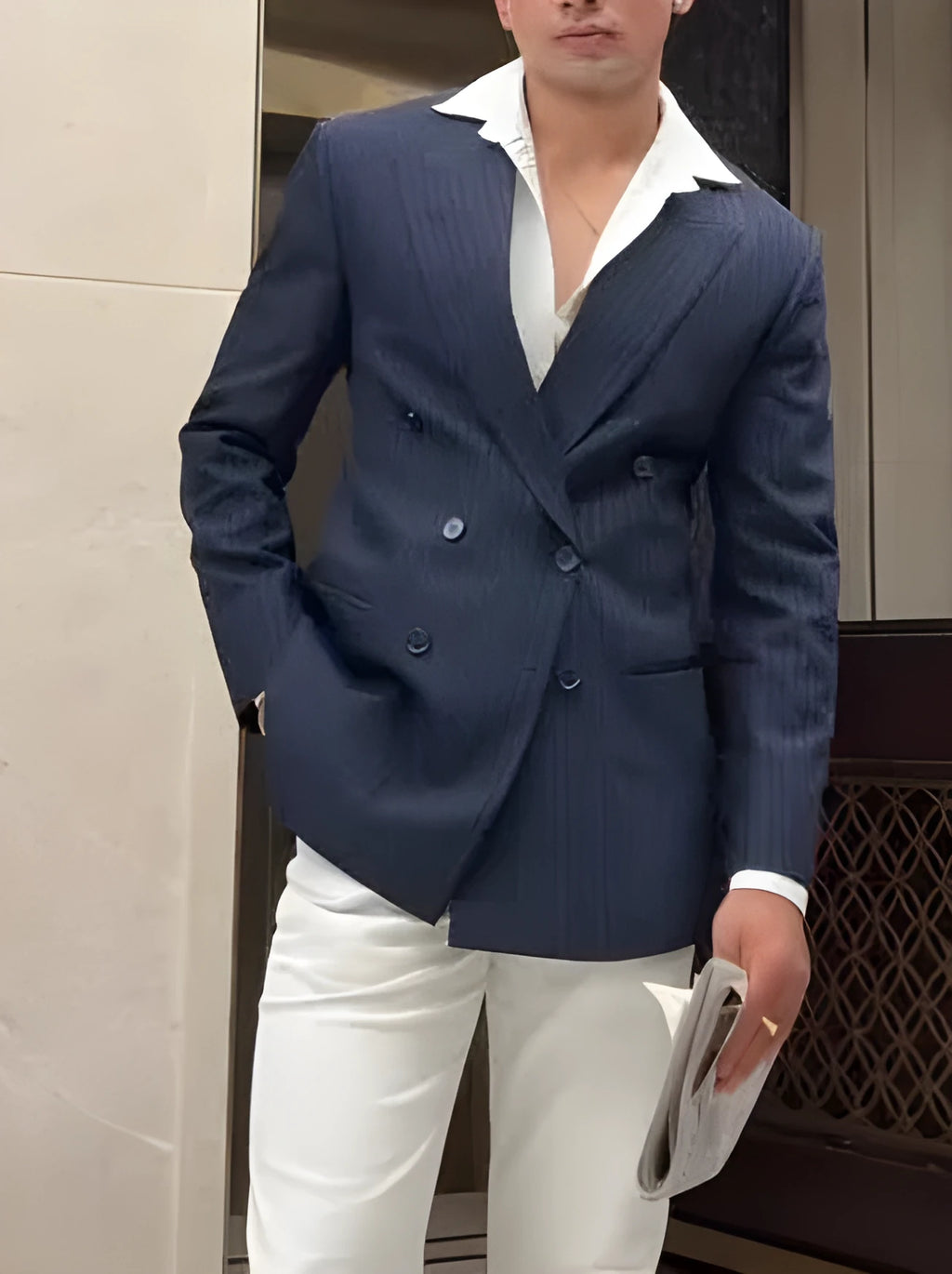 Men's striped double breasted blazer with regular fit on mannequin