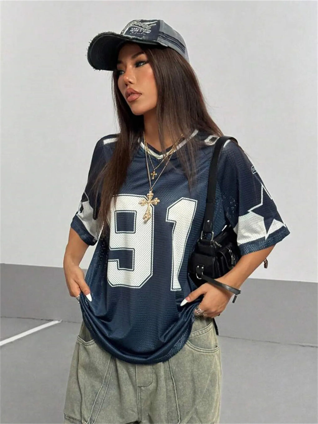 Men's large number printed V-neck T-shirt in street style design with polyester fabric