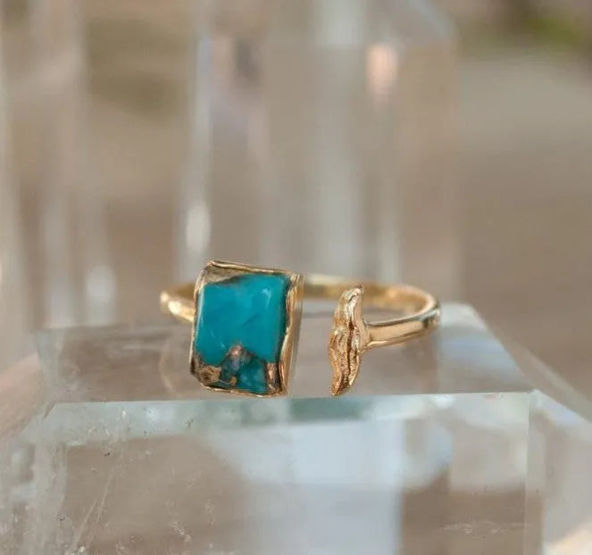 Silver-tone alloy open ring with turquoise inlay and geometric shape, adjustable band for women.