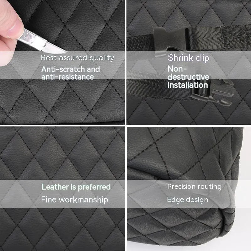 Black leather hanging storage bag attached to a car seat headrest.