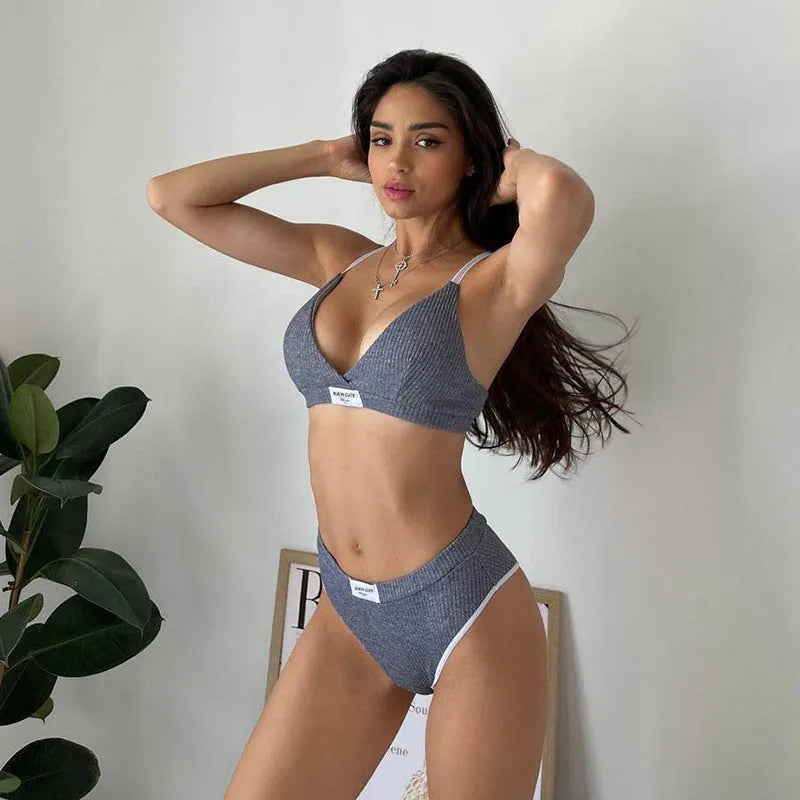 Women's embroidery contrast binding bikini set in sleeveless shorts style with polyester construction