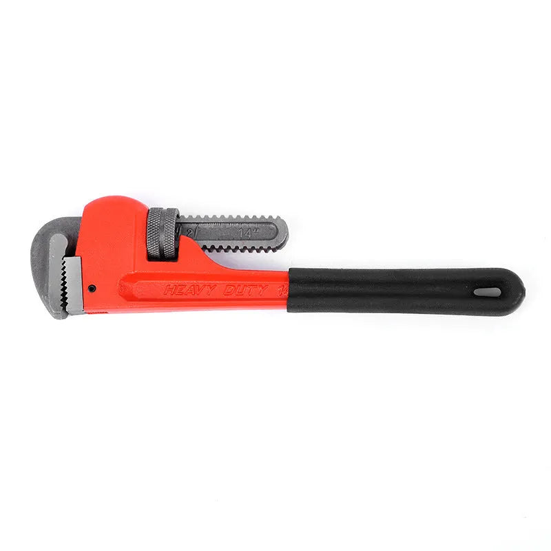 Heavy pipe tongs 45# steel water pipe pliers with black handle and silver jaw on white background