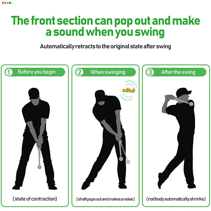 A telescopic golf swing simulator made of stainless steel, shown in black, blue, and red colour options.