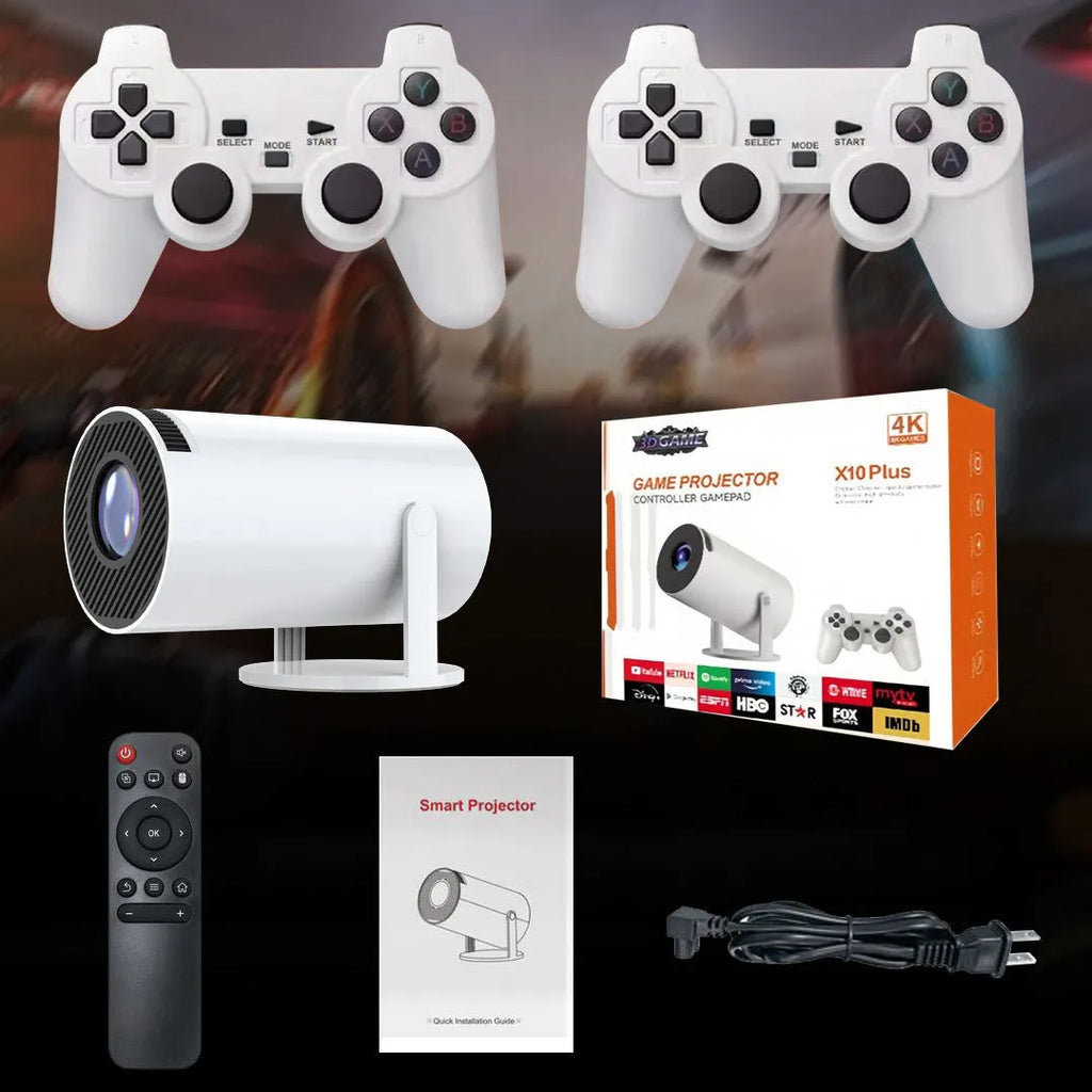 Barrel X10 PLUS white portable smart projector with gamepad and remote control on table